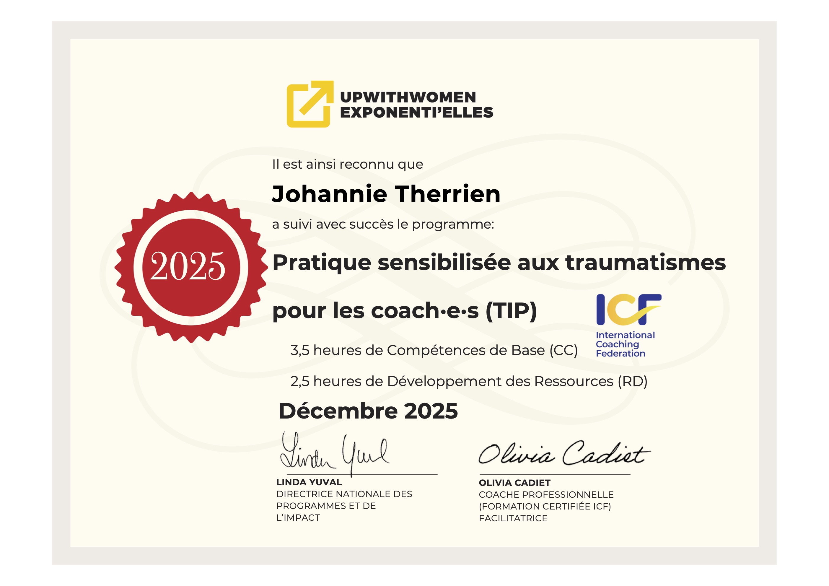 Certificat UoWithWomen Exponenti'elles | Johannie Therrien