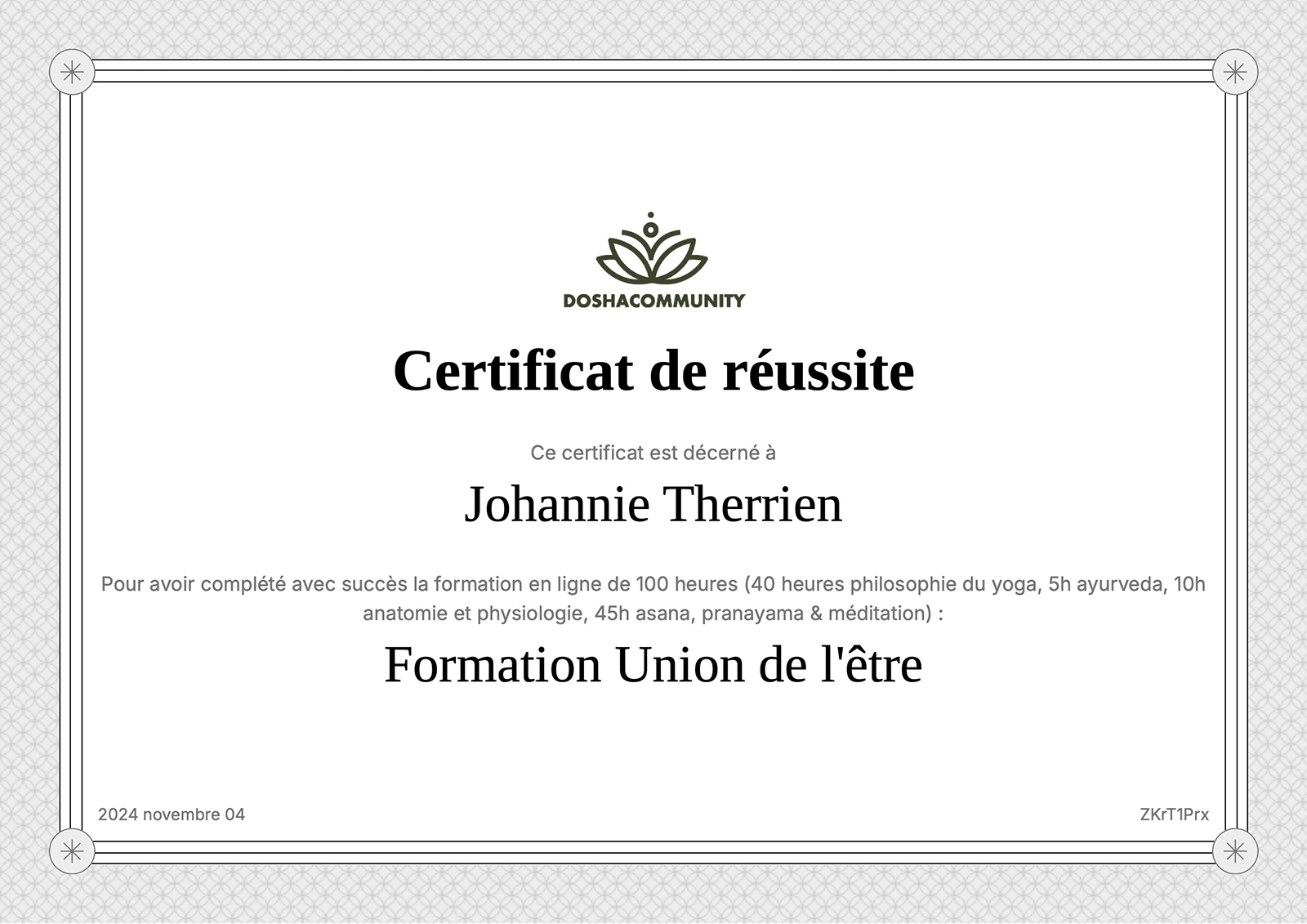 Certificat Union de l'être Doshayoga | Johannie Therrien